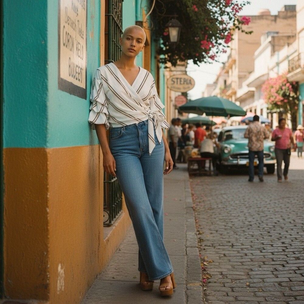 Vintage 80s Ups & Downs Wrap Blouse Sz L White Stripe Tiered Puff Sleeves
